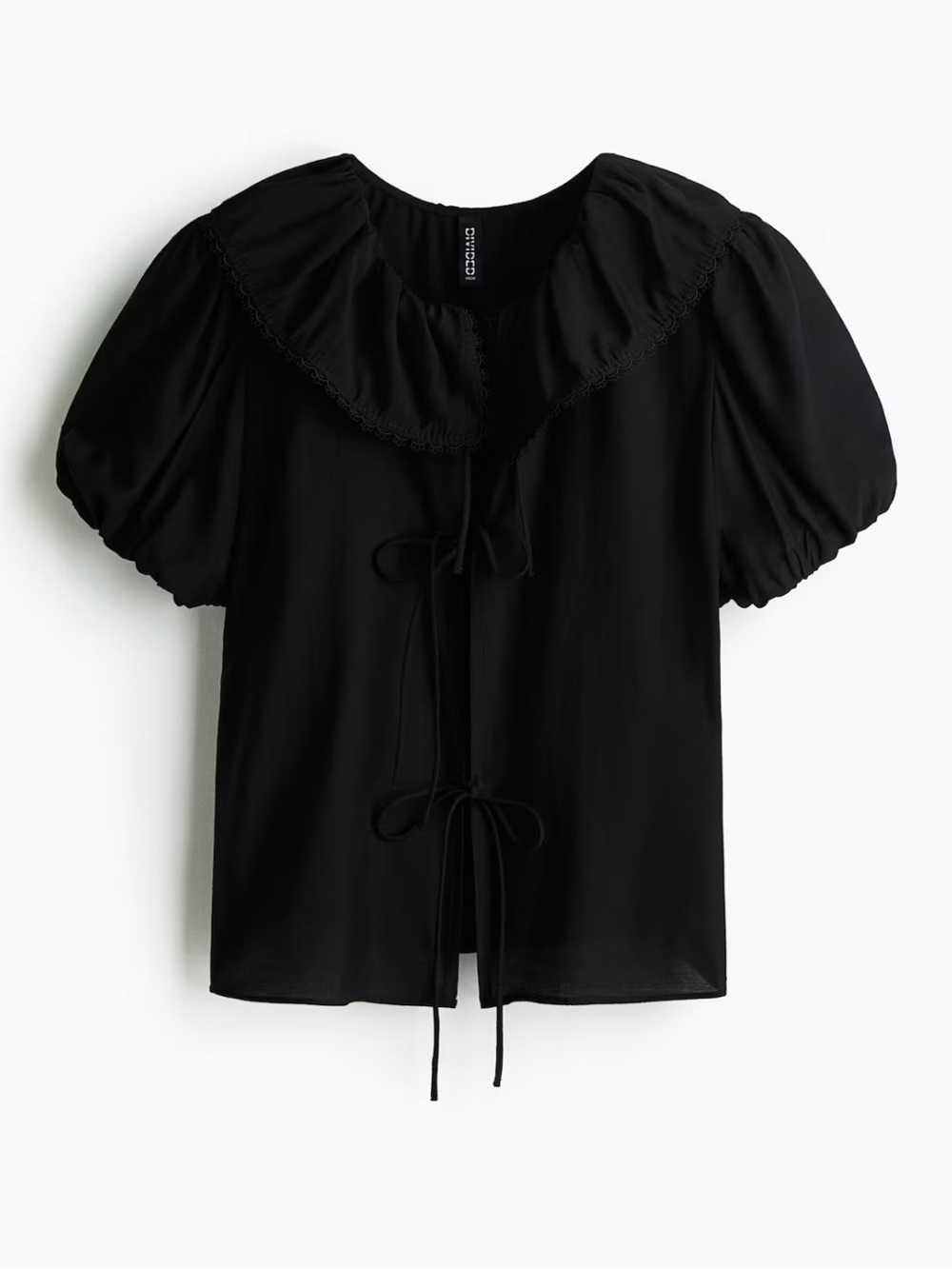 H&M Black Tie-Front Puff Sleeve Blouse